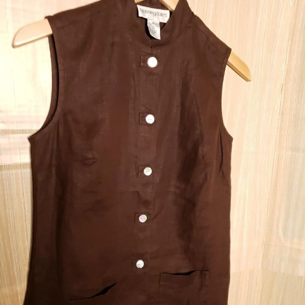 Bloomingdale's Womens Petite Brown Linen Sleeveless Tunic 4P - Picture 3 of 5